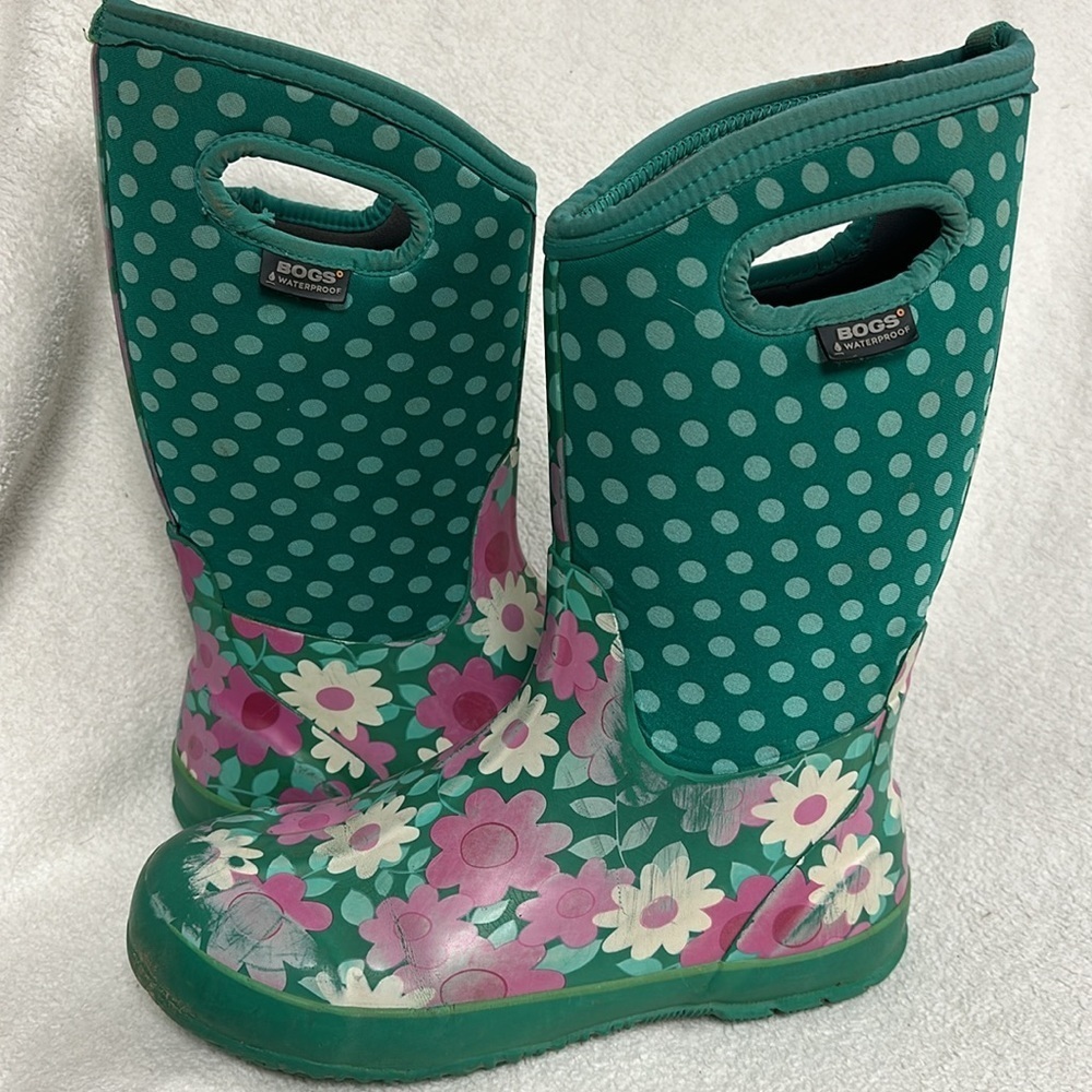 Bogs Girls Flower Dots Rubber Weatherproof Boots, youth 7